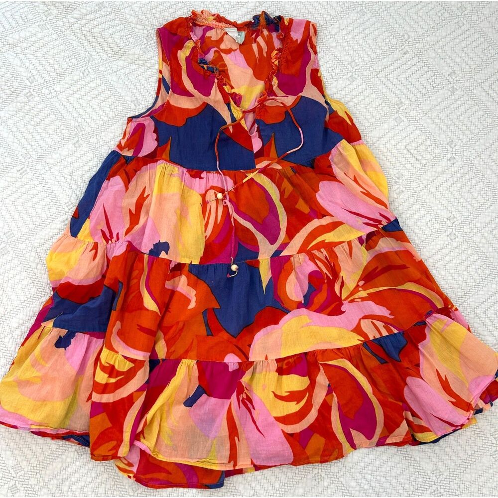 True Destinations Women's Floral Boho Mini Dress Beach Coverup Size Large